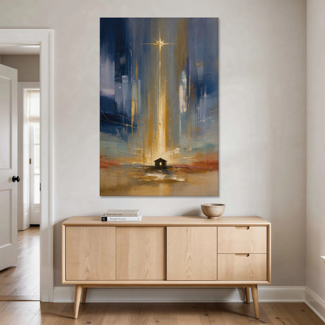 Modern Nativity Painting with Falling Gold Light - Canvas Wall Art - Coffee Table - 40x60