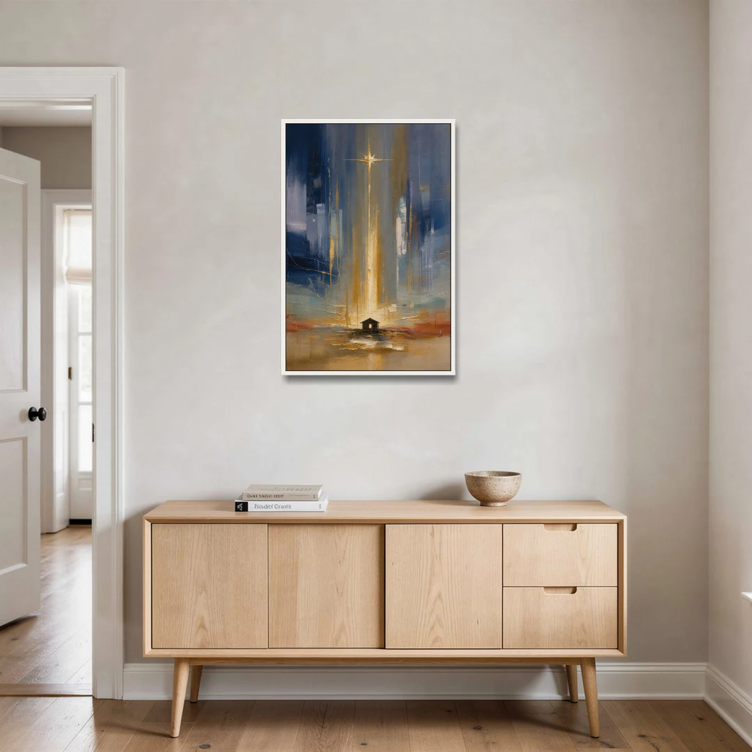 Modern Nativity Painting with Falling Gold Light - White Framed Canvas Wall Art - Coffee Table - 24x36