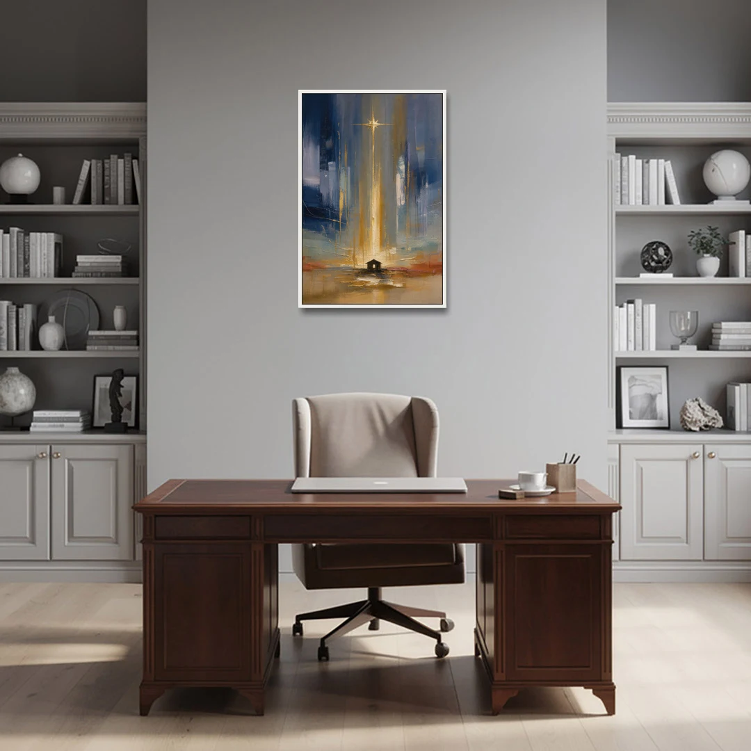 Modern Nativity Painting with Falling Gold Light - White Framed Canvas Wall Art - Office - 24x36