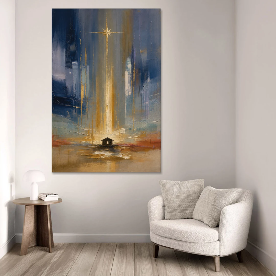 Modern Nativity Painting with Falling Gold Light - Canvas Wall Art - Sofa - 40x60