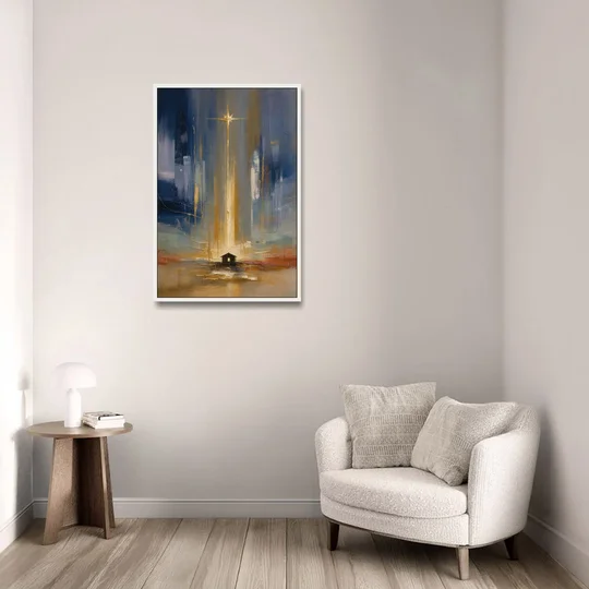 Modern Nativity Painting with Falling Gold Light - White Framed Canvas Wall Art - Sofa - 24x36