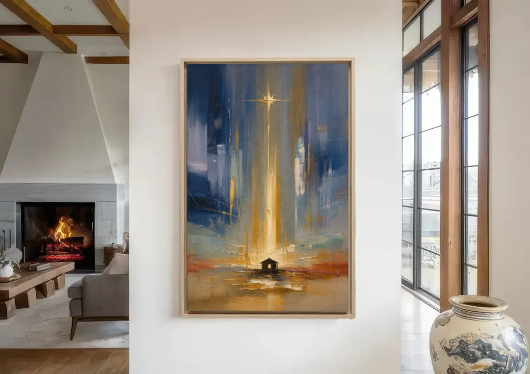 Modern Nativity Painting with Falling Gold Light canvas wall art in a living room with a fireplace