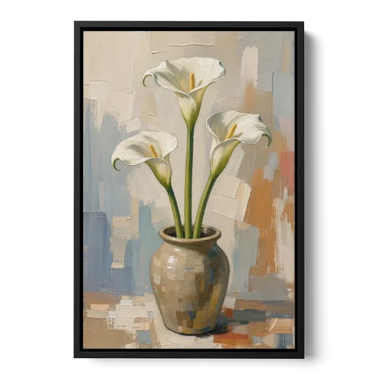 Modern Neutral Floral Calla Lilies in Stoneware - Black Framed Canvas Wall Art - Front