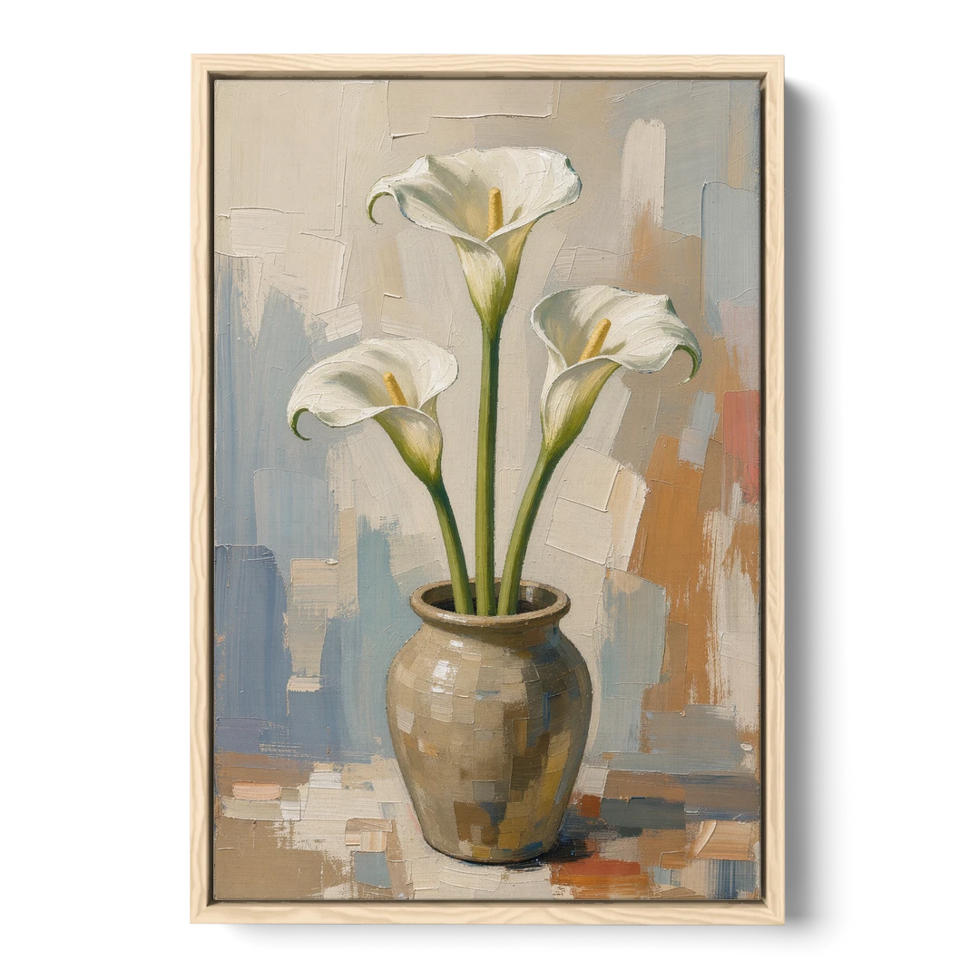 Modern Neutral Floral Calla Lilies in Stoneware - Oak Framed Canvas Wall Art - Front