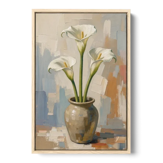 Modern Neutral Floral Calla Lilies in Stoneware - Oak Framed Canvas Wall Art - Front