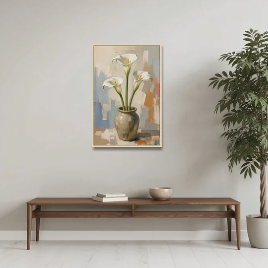 Modern Neutral Floral Calla Lilies in Stoneware - Oak Framed Canvas Wall Art - Coffee Table - 24x36