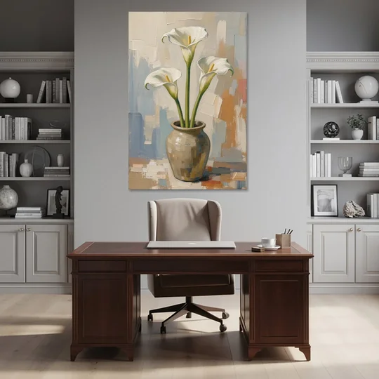 Modern Neutral Floral Calla Lilies in Stoneware - Canvas Wall Art - Office - 40x60