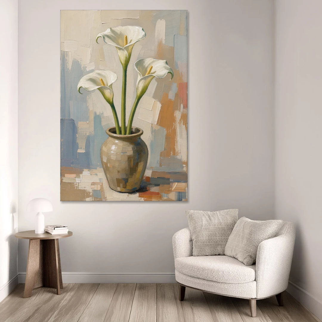 Modern Neutral Floral Calla Lilies in Stoneware - Canvas Wall Art - Sofa - 40x60