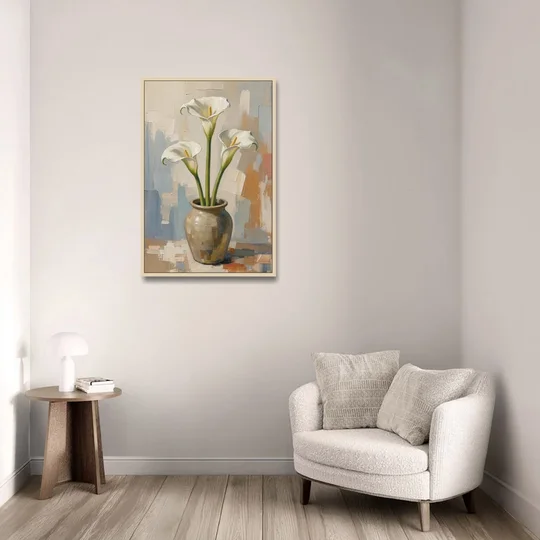 Modern Neutral Floral Calla Lilies in Stoneware - Oak Framed Canvas Wall Art - Sofa - 24x36