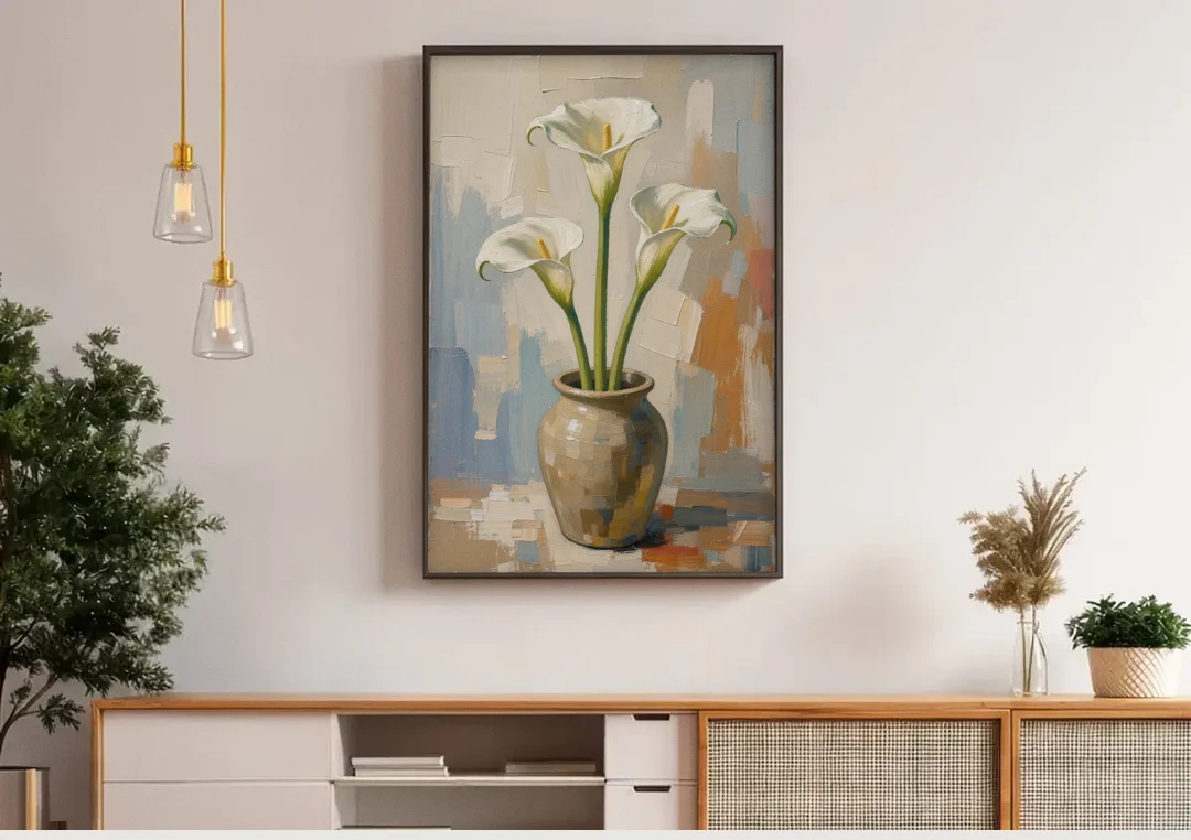 Modern Neutral Floral Calla Lilies in Stoneware canvas wall art above a wooden sideboard under pendant lights