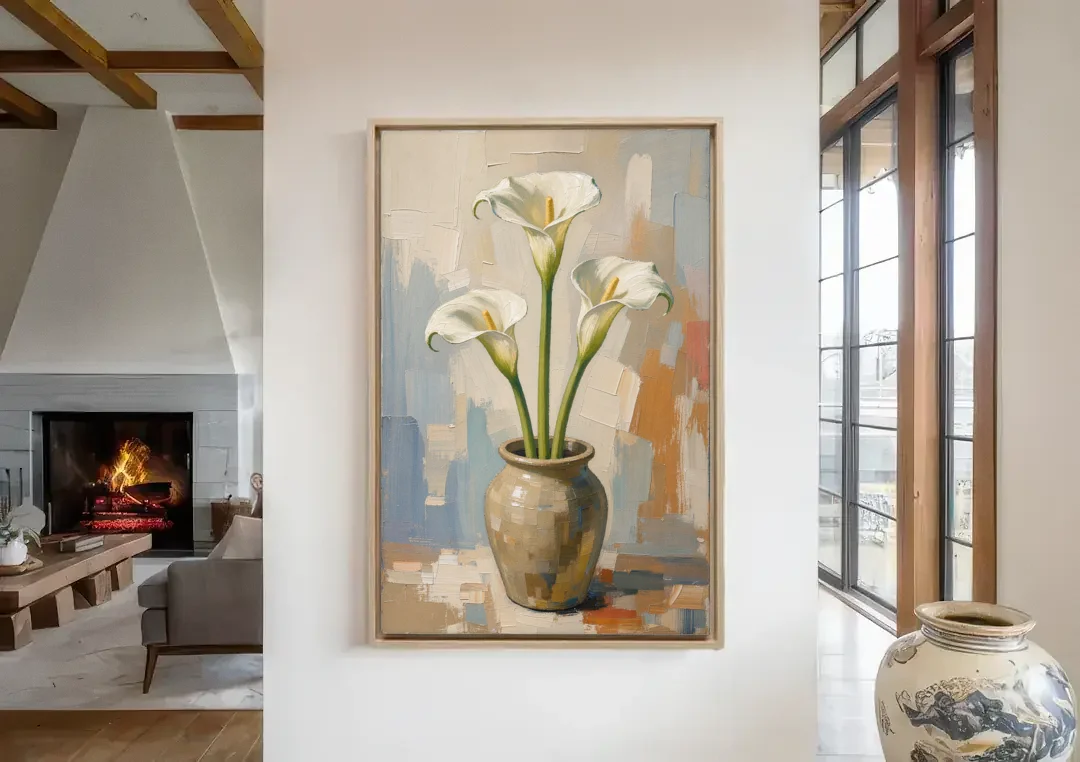 Modern Neutral Floral Calla Lilies in Stoneware canvas wall art in a living room with a fireplace