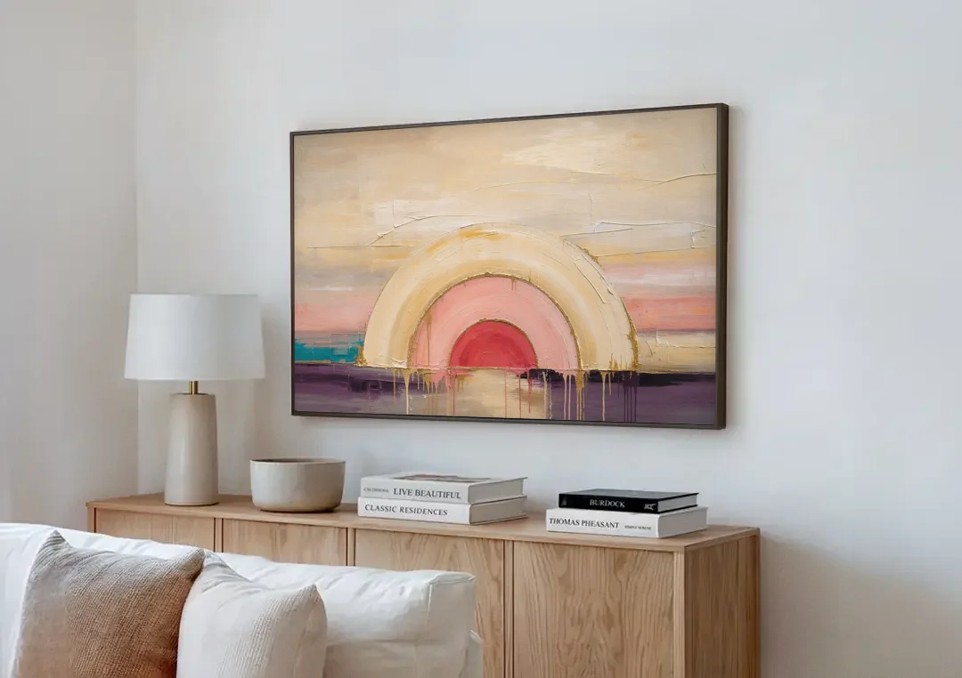 Modern Neutral Nested Blush Arches canvas wall art above a wooden sideboard next to a sofa