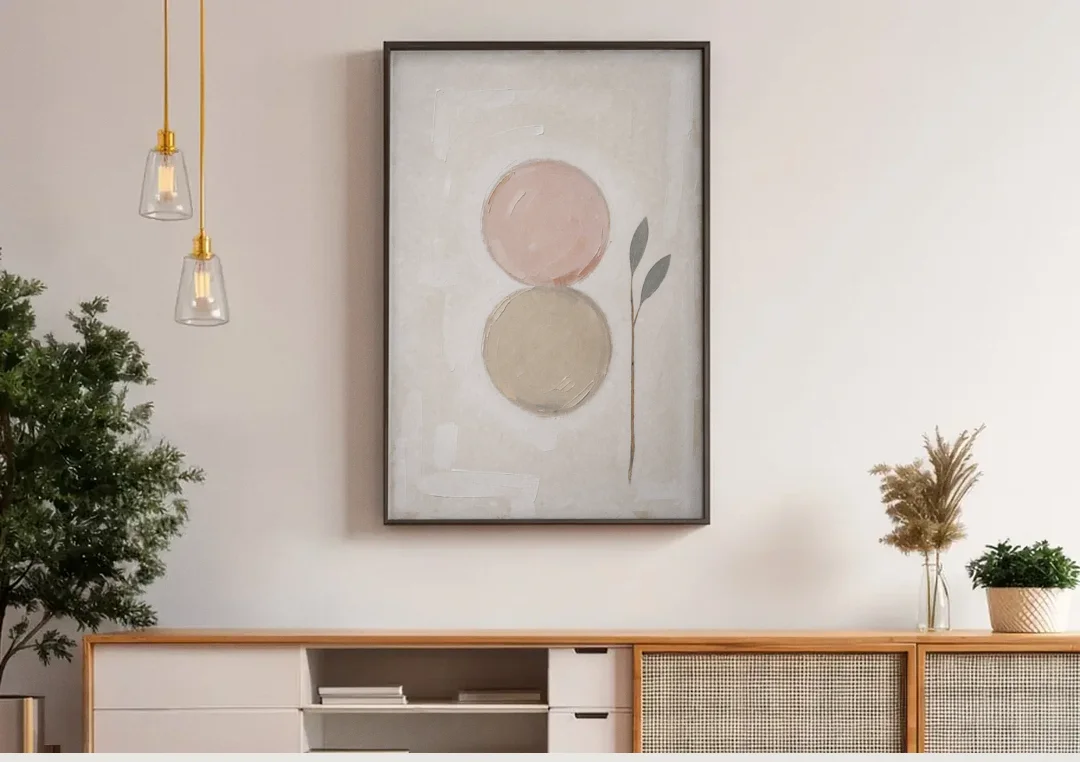 Modern Organic Wall Art with Blush and Clay Circles canvas wall art above a wooden sideboard under pendant lights