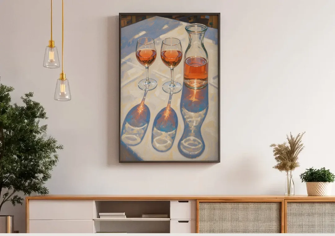 Modern Rosé Shadows in Midday Sun for the Dining Room canvas wall art above a wooden sideboard under pendant lights