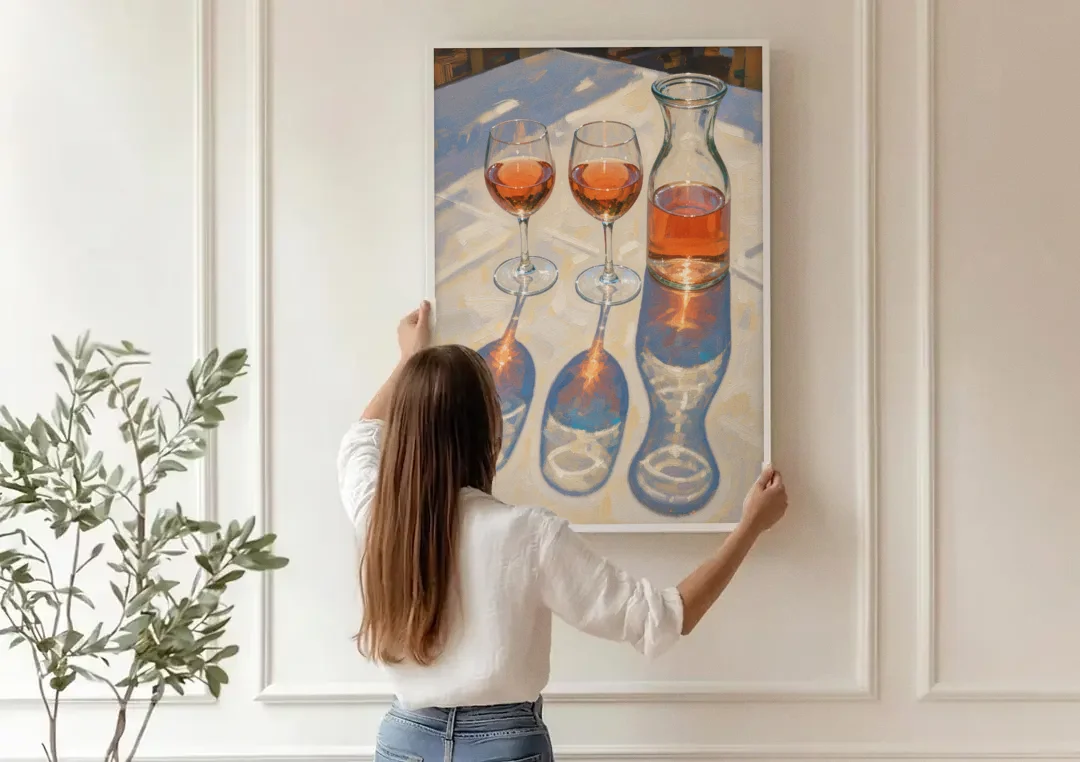 Modern Rosé Shadows in Midday Sun for the Dining Room canvas wall art being hung on a paneled wall