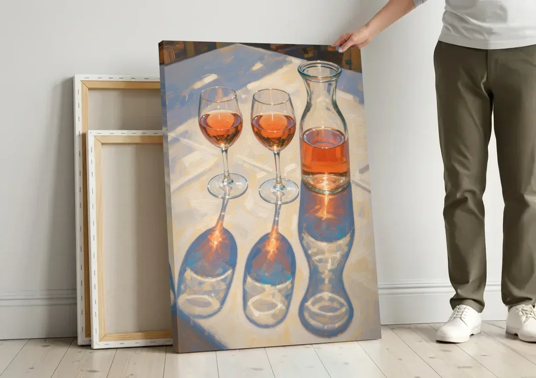 Modern Rosé Shadows in Midday Sun for the Dining Room canvas wall art leaning against a wall next to blank canvases