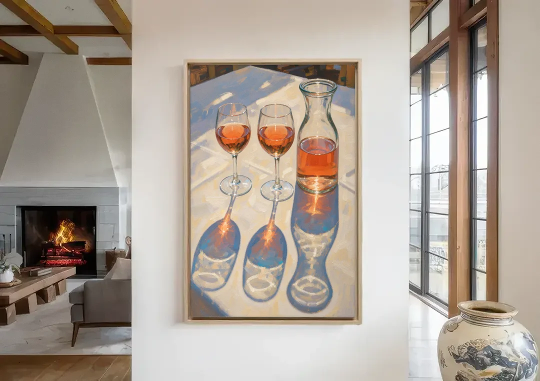 Modern Rosé Shadows in Midday Sun for the Dining Room canvas wall art in a living room with a fireplace