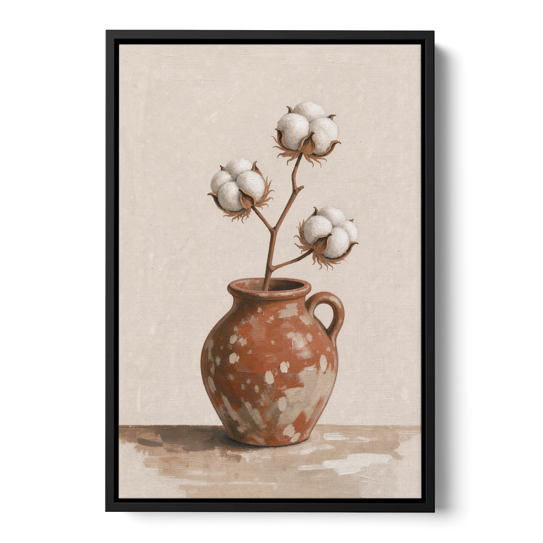 Modern Rustic Wall Art with Cotton in a Jug - Black Framed Canvas Wall Art - Front