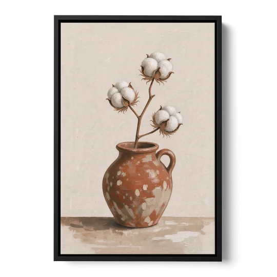 Modern Rustic Wall Art with Cotton in a Jug - Black Framed Canvas Wall Art - Front