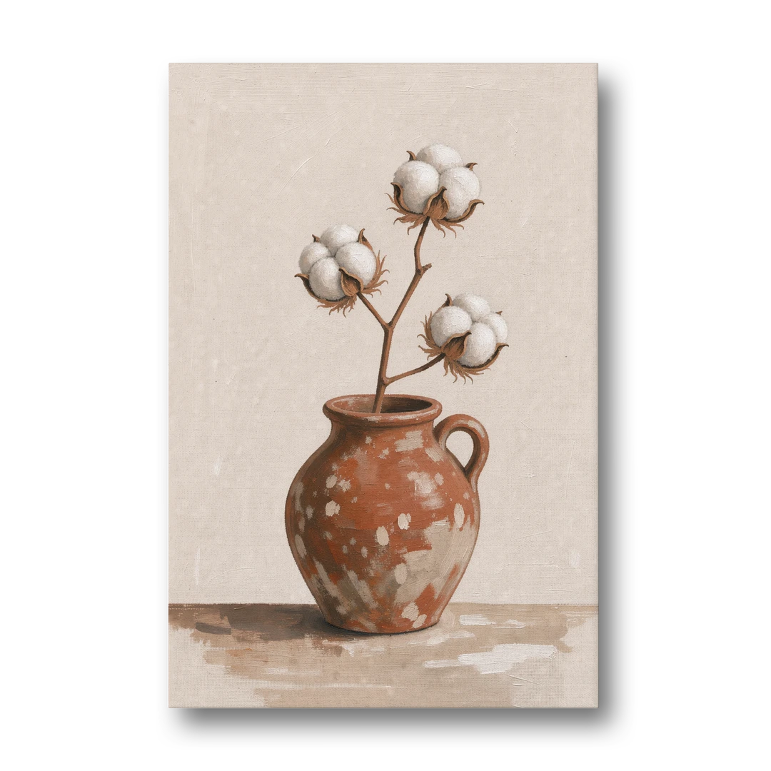 Modern Rustic Wall Art with Cotton in a Jug - Canvas Wall Art - Front