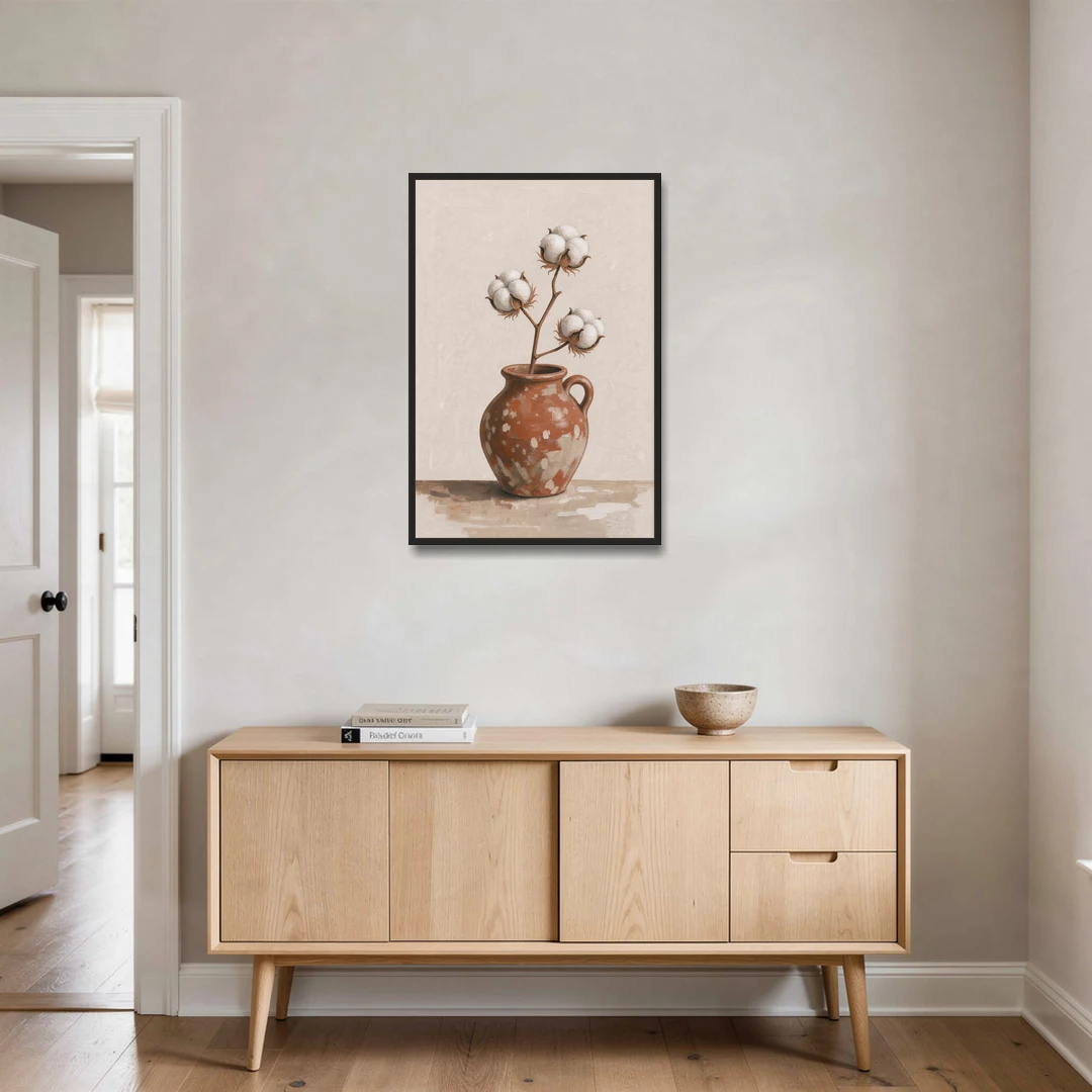Modern Rustic Wall Art with Cotton in a Jug - Black Framed Canvas Wall Art - Coffee Table - 24x36