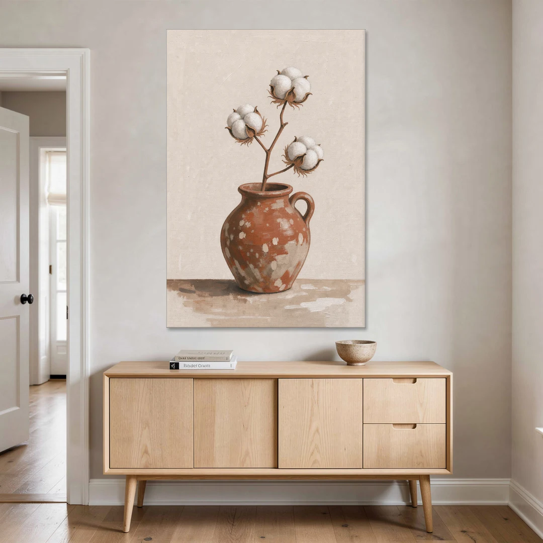 Modern Rustic Wall Art with Cotton in a Jug - Canvas Wall Art - Coffee Table - 40x60