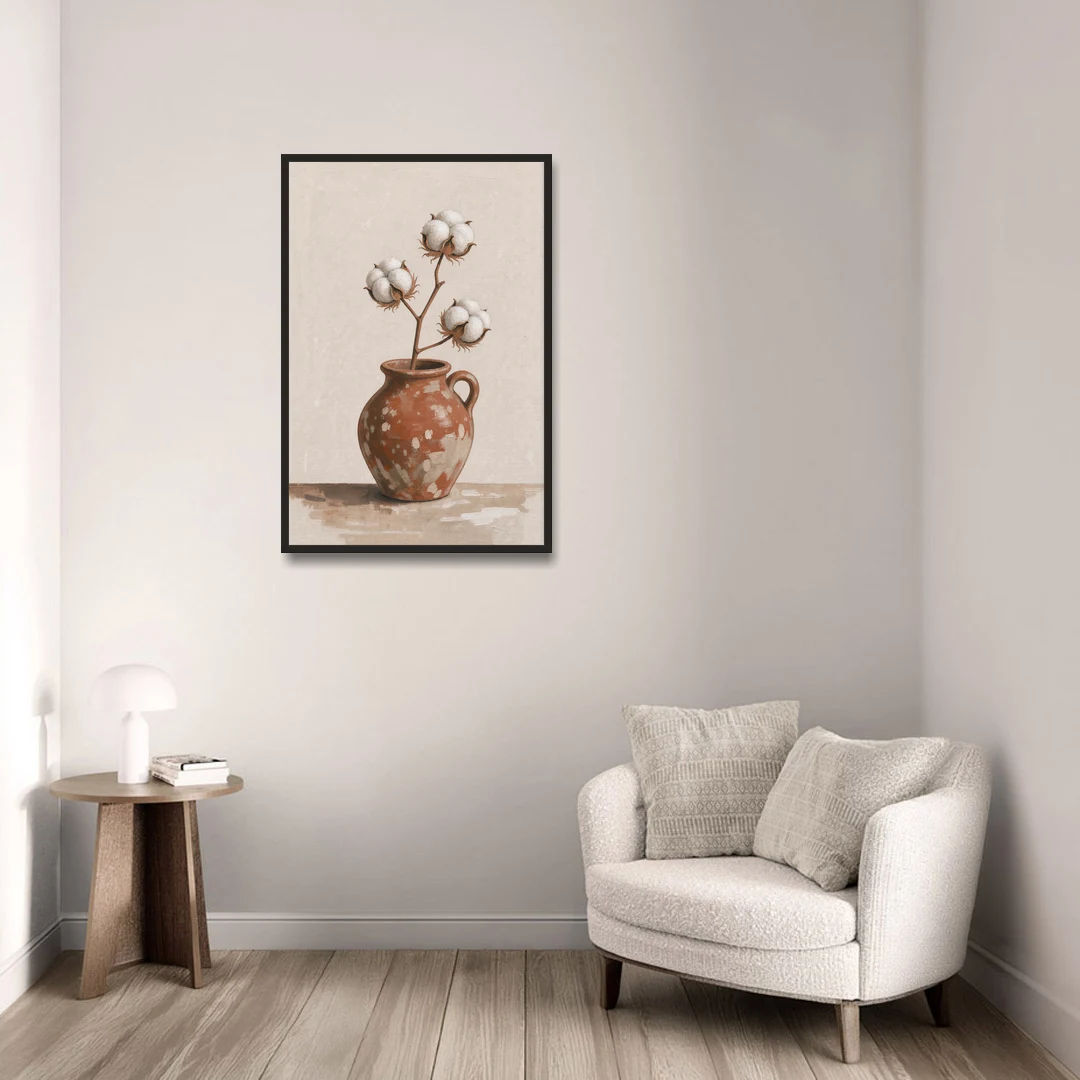 Modern Rustic Wall Art with Cotton in a Jug - Black Framed Canvas Wall Art - Sofa - 24x36
