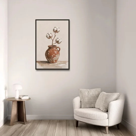 Modern Rustic Wall Art with Cotton in a Jug - Black Framed Canvas Wall Art - Sofa - 24x36