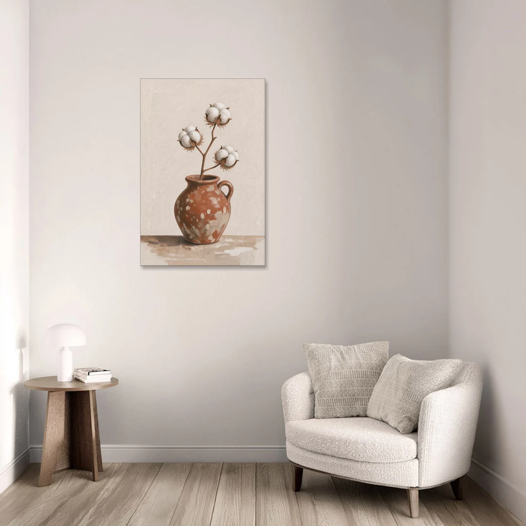 Modern Rustic Wall Art with Cotton in a Jug - Canvas Wall Art - Sofa - 24x36