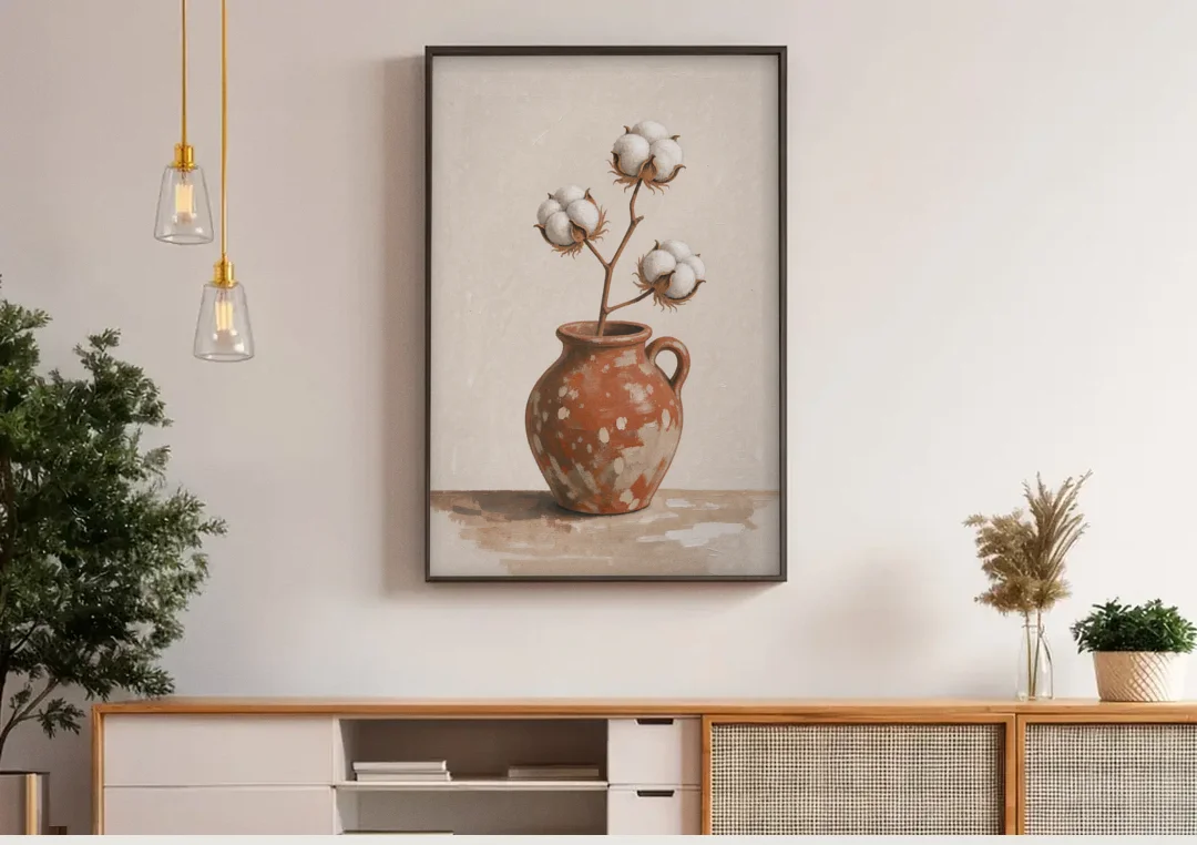 Modern Rustic Wall Art with Cotton in a Jug canvas wall art above a wooden sideboard under pendant lights