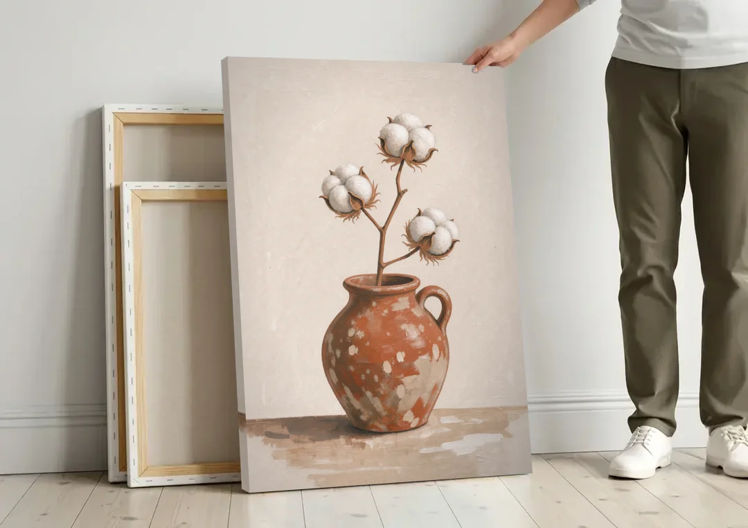 Modern Rustic Wall Art with Cotton in a Jug canvas wall art leaning against a wall next to blank canvases