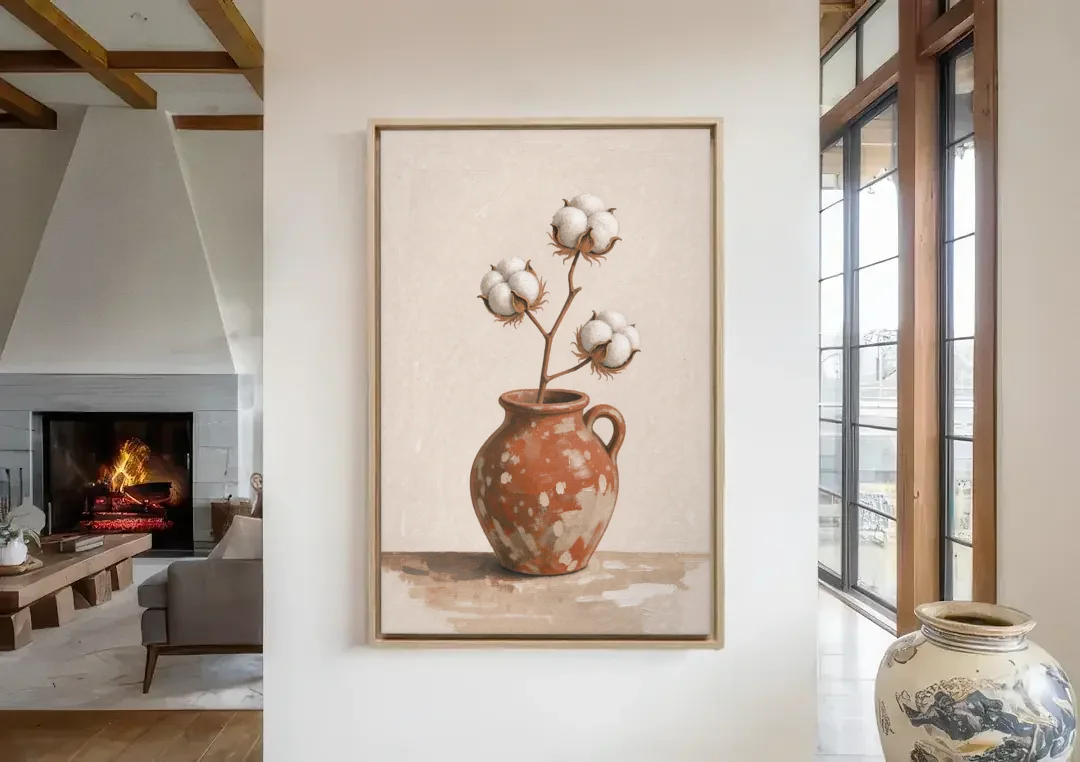 Modern Rustic Wall Art with Cotton in a Jug canvas wall art in a living room with a fireplace
