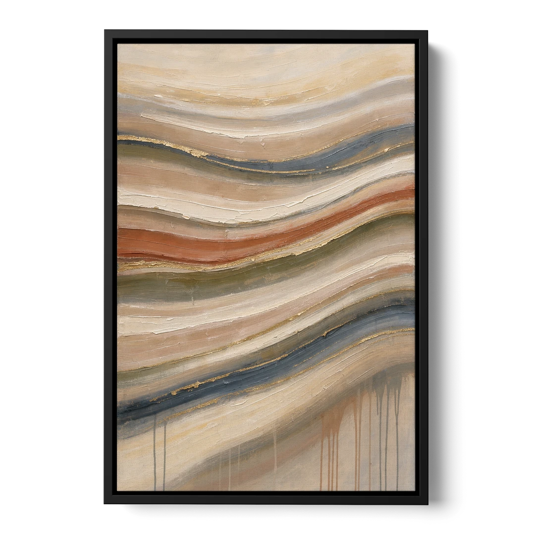 Modern Sandstone Strata with Gold Seams for the Bathroom - Black Framed Canvas Wall Art - Front
