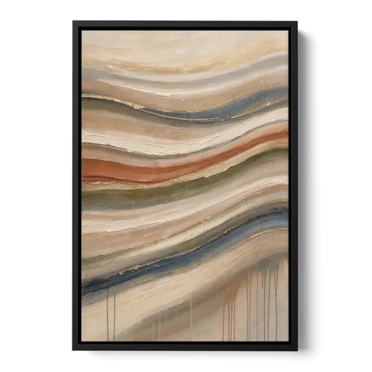 Modern Sandstone Strata with Gold Seams for the Bathroom - Black Framed Canvas Wall Art - Front