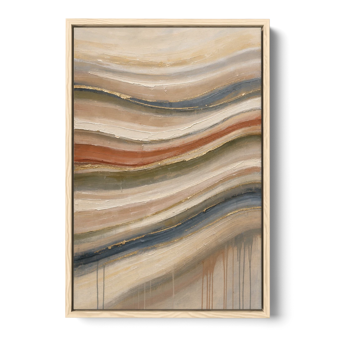 Modern Sandstone Strata with Gold Seams for the Bathroom - Oak Framed Canvas Wall Art - Front