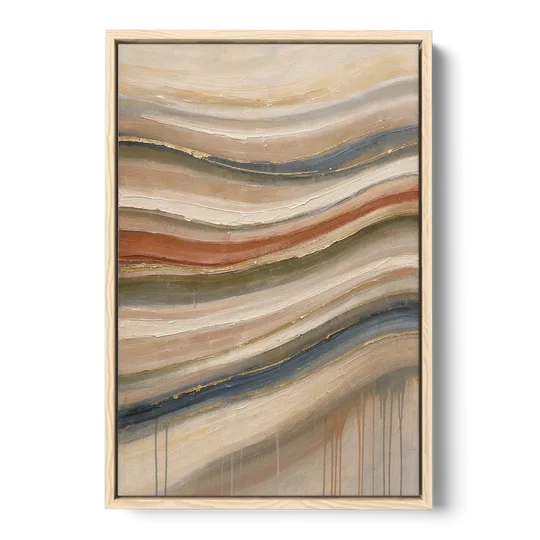Modern Sandstone Strata with Gold Seams for the Bathroom - Oak Framed Canvas Wall Art - Front