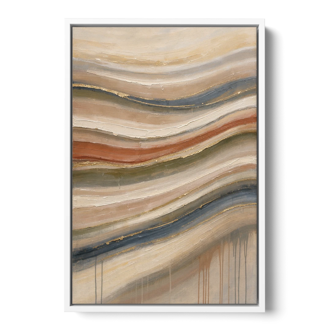 Modern Sandstone Strata with Gold Seams for the Bathroom - White Framed Canvas Wall Art - Front