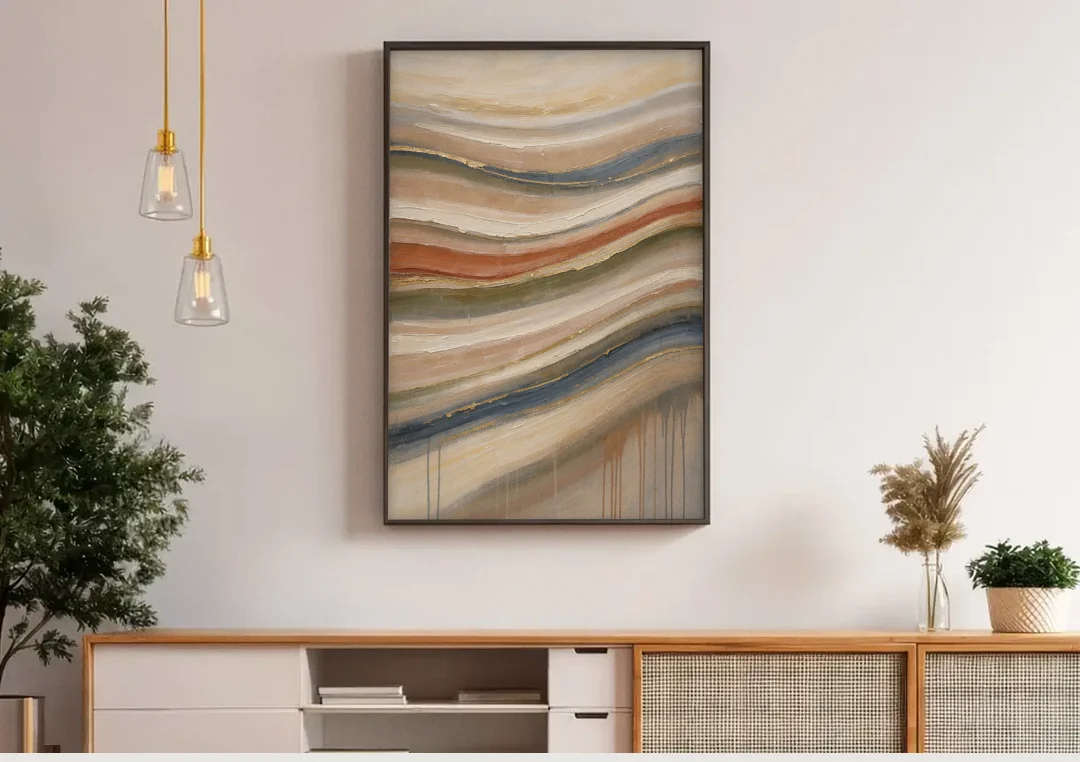 Modern Sandstone Strata with Gold Seams for the Bathroom canvas wall art above a wooden sideboard under pendant lights