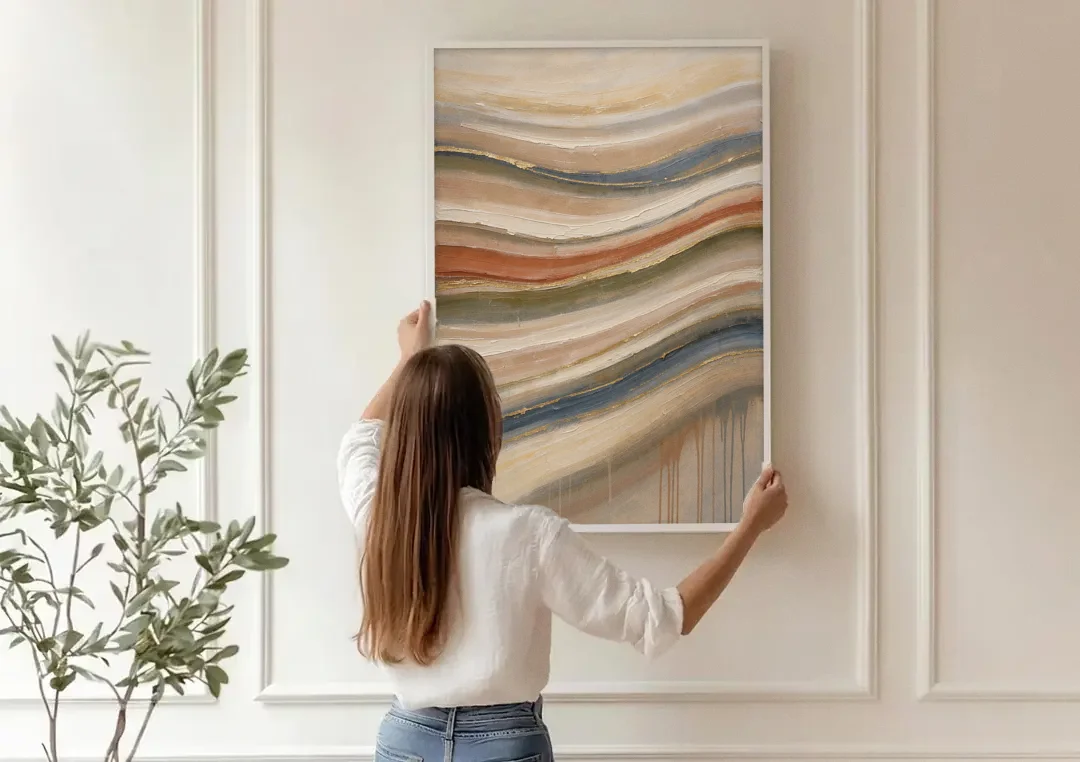 Modern Sandstone Strata with Gold Seams for the Bathroom canvas wall art being hung on a paneled wall