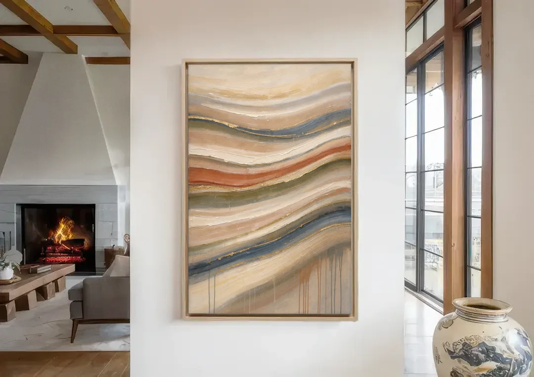 Modern Sandstone Strata with Gold Seams for the Bathroom canvas wall art in a living room with a fireplace