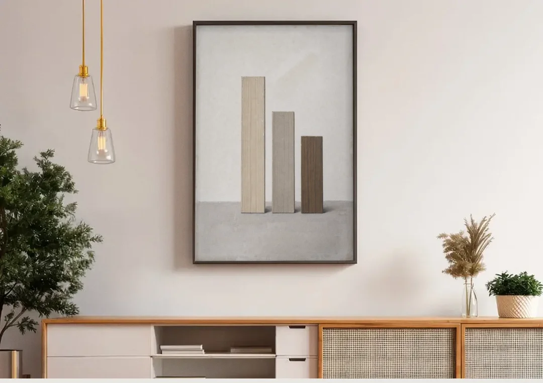 Modern Scandinavian Wall Art of Three Wooden Slats canvas wall art above a wooden sideboard under pendant lights