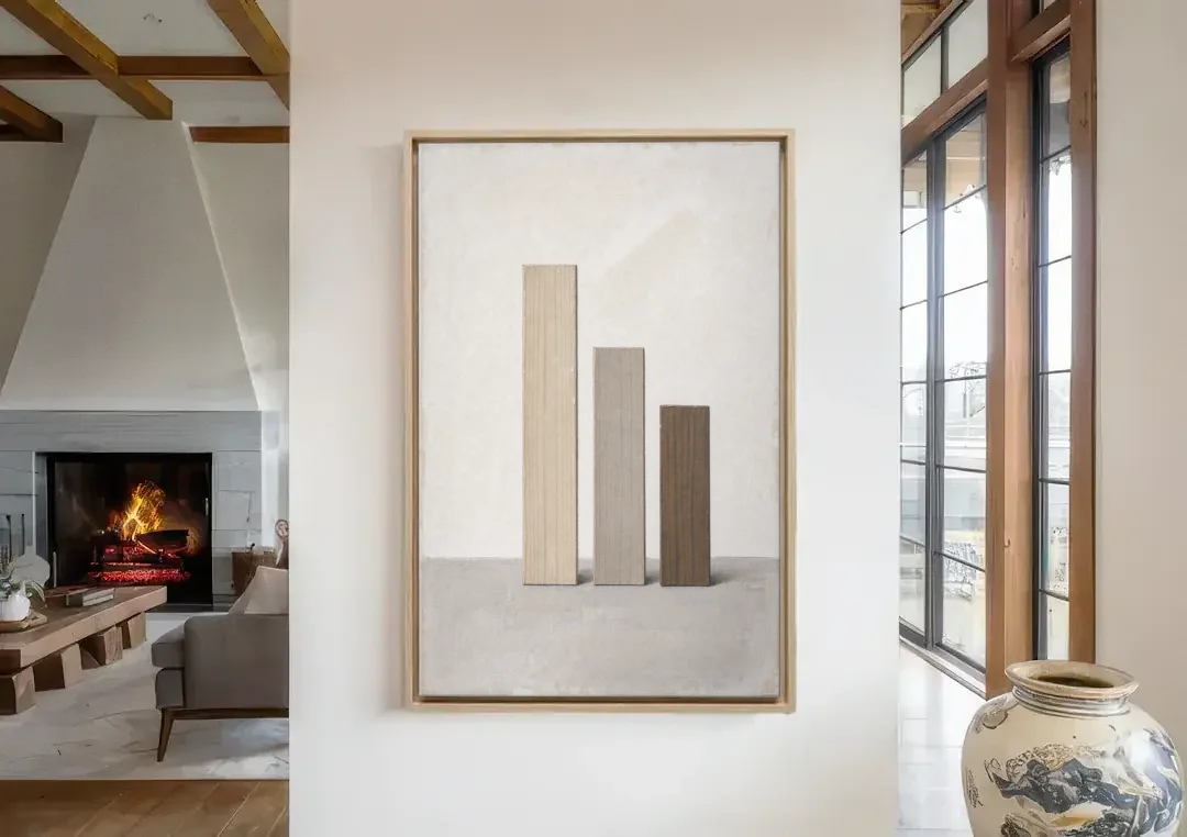 Modern Scandinavian Wall Art of Three Wooden Slats canvas wall art in a living room with a fireplace