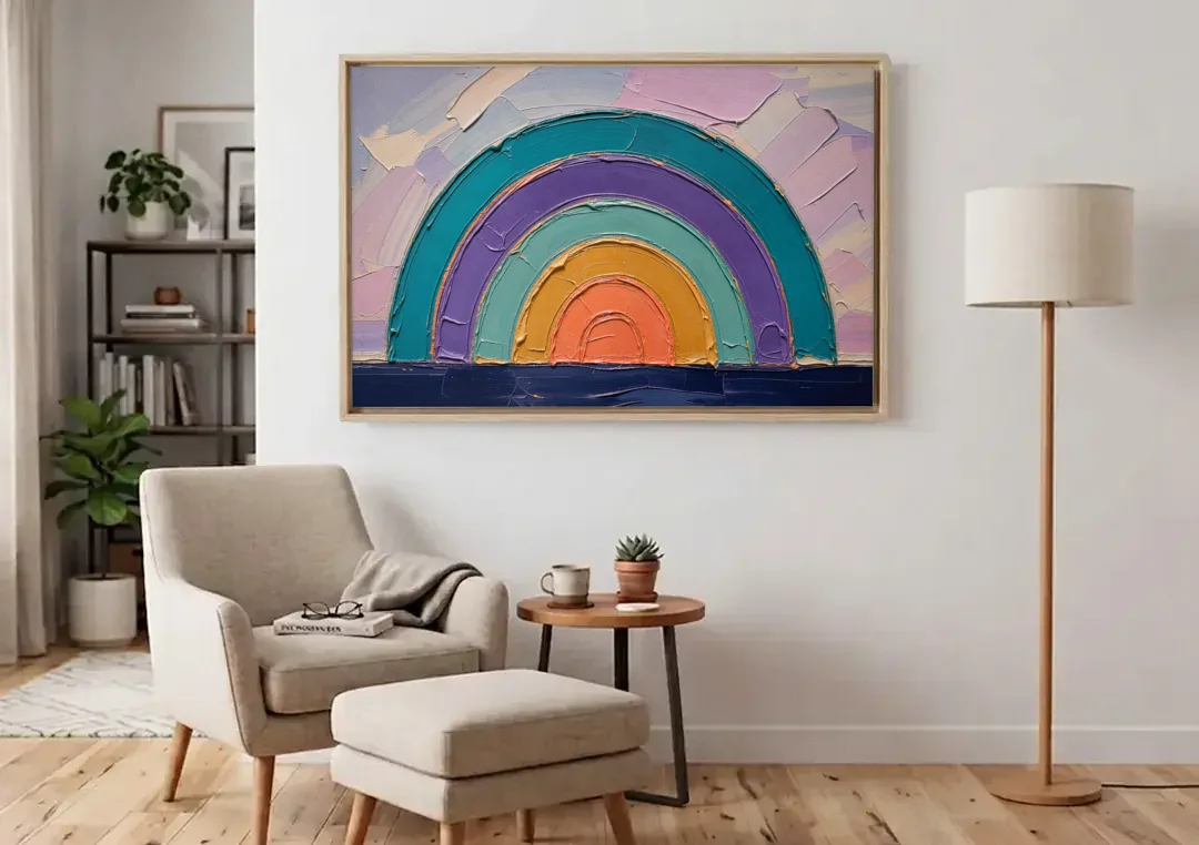 Modern Teal Abstract Nested Arches canvas wall art above an armchair in a bright living room