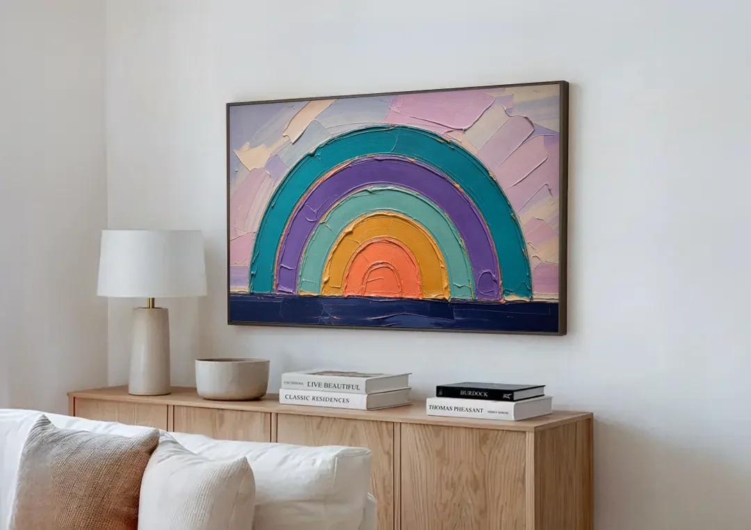 Modern Teal Abstract Nested Arches canvas wall art above a wooden sideboard next to a sofa