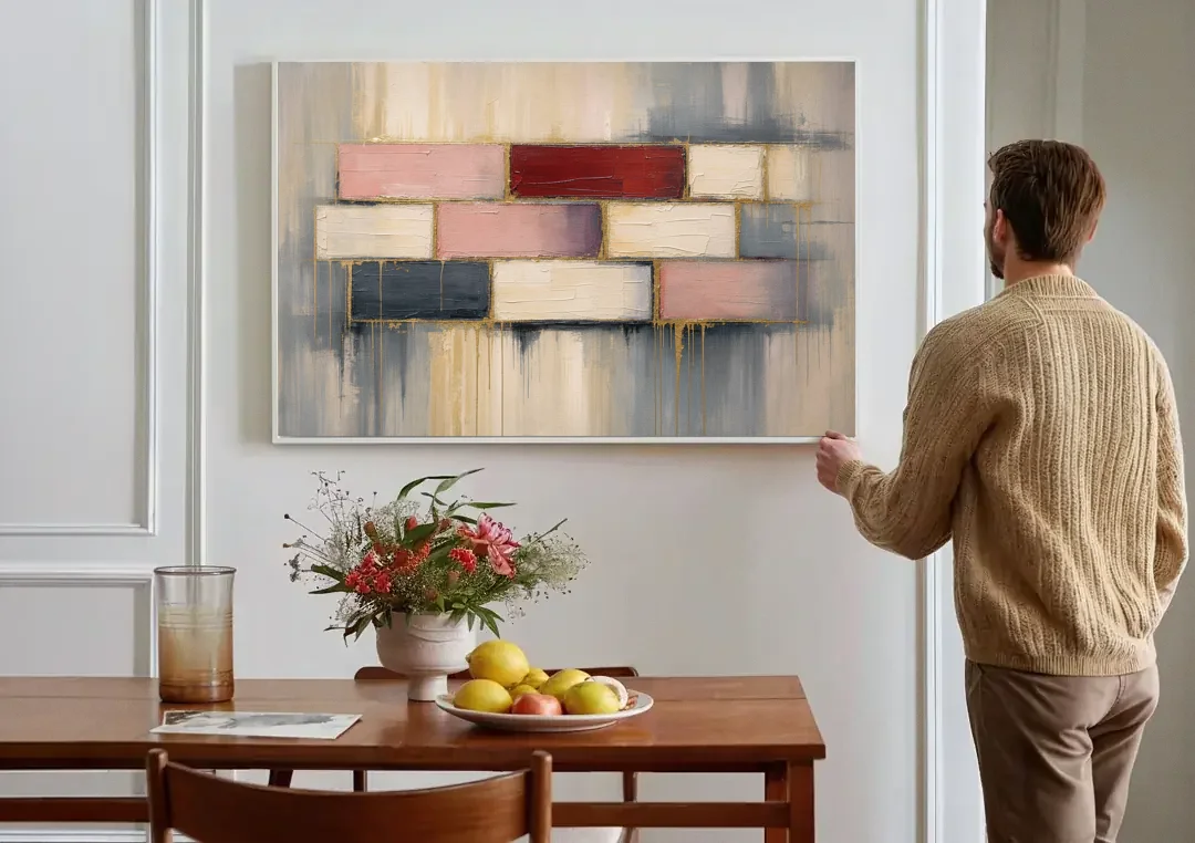 Modern Textured Wall Art of Blush and Crimson Stones canvas wall art above a dining table
