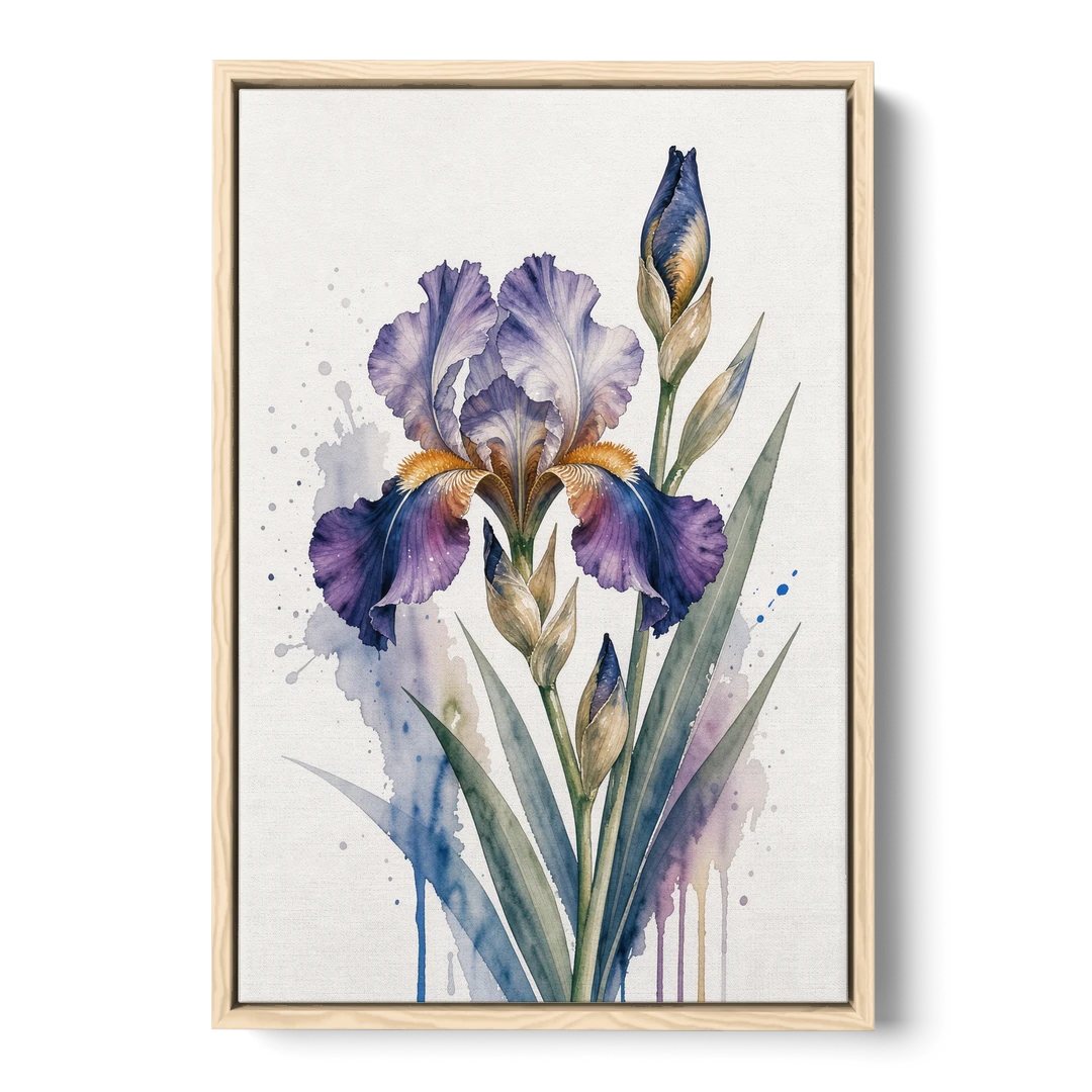 Modern Violet Bearded Iris Flower Splash - Oak Framed Canvas Wall Art - Front