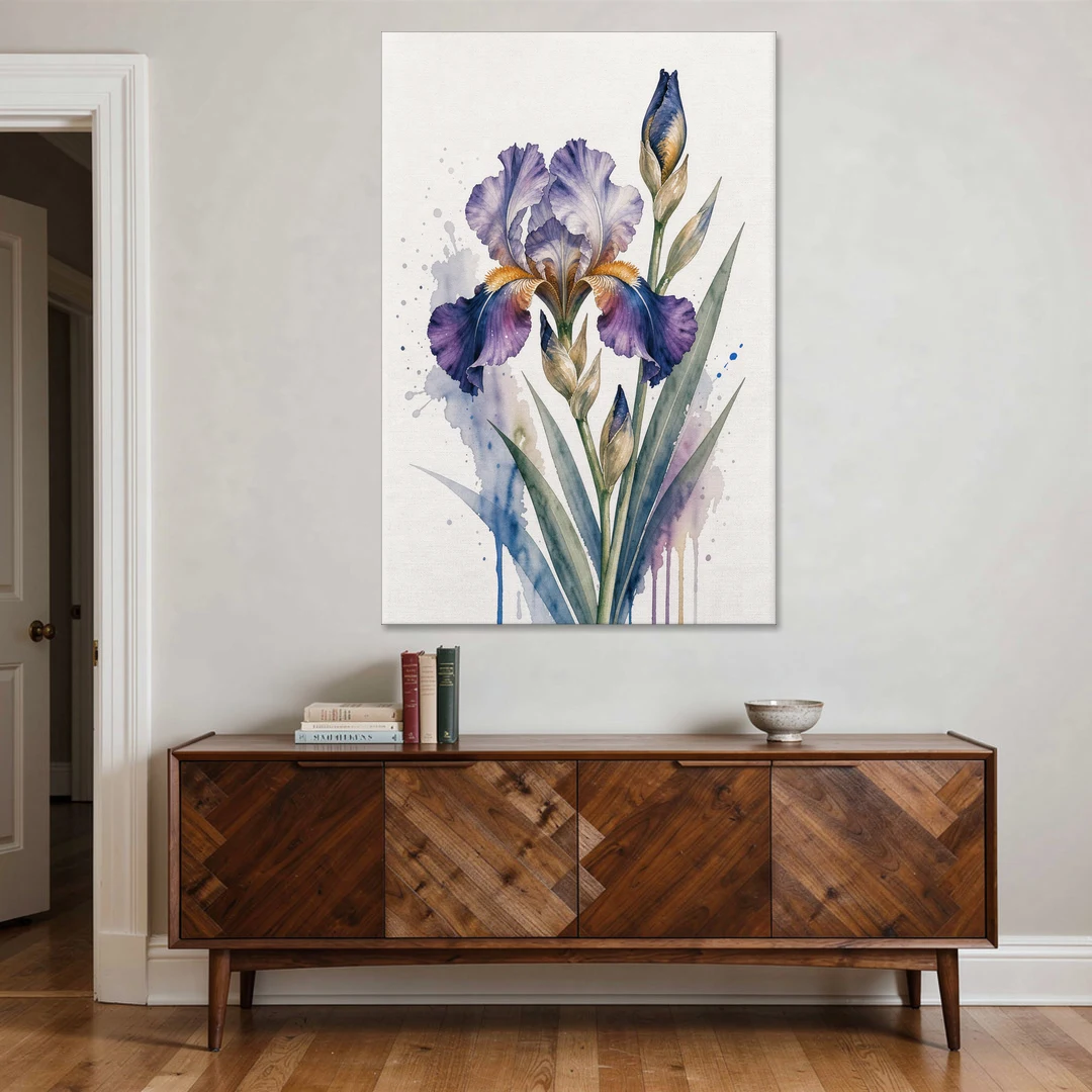Modern Violet Bearded Iris Flower Splash - Canvas Wall Art - Coffee Table - 40x60