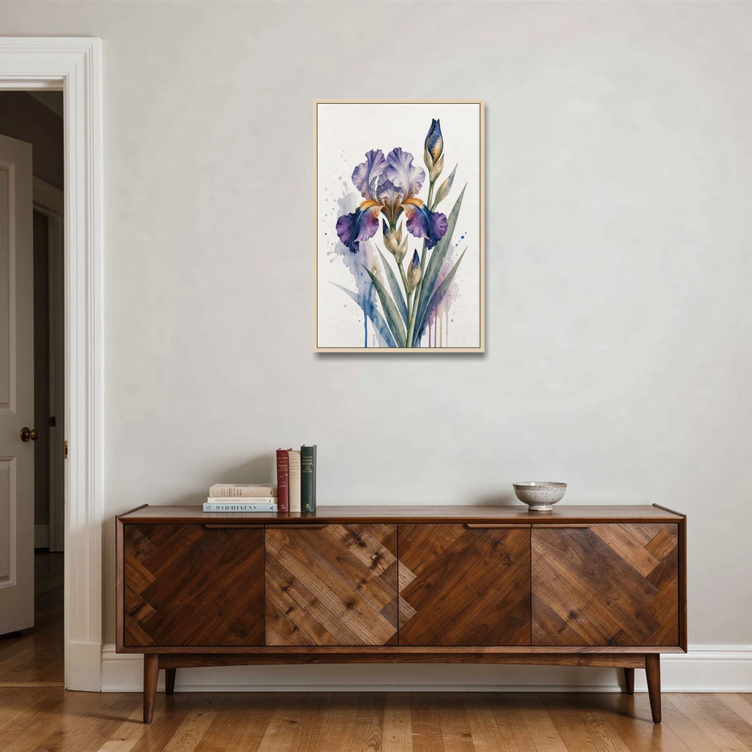 Modern Violet Bearded Iris Flower Splash - Oak Framed Canvas Wall Art - Coffee Table - 24x36