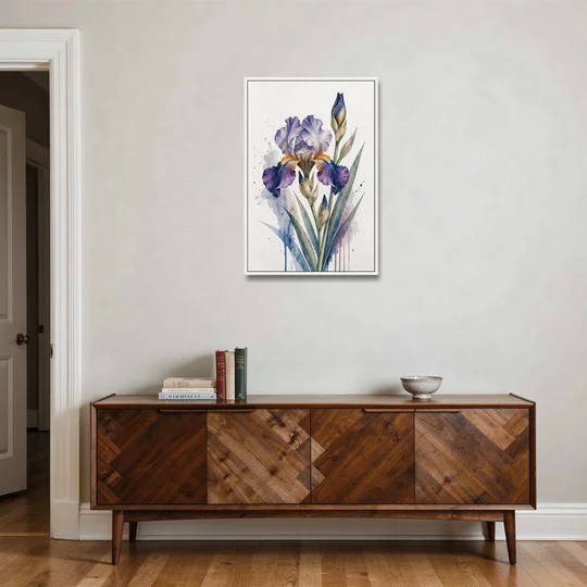 Modern Violet Bearded Iris Flower Splash - White Framed Canvas Wall Art - Coffee Table - 24x36