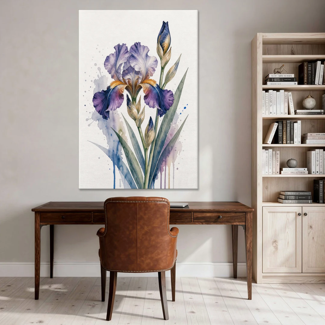 Modern Violet Bearded Iris Flower Splash - Canvas Wall Art - Office - 40x60